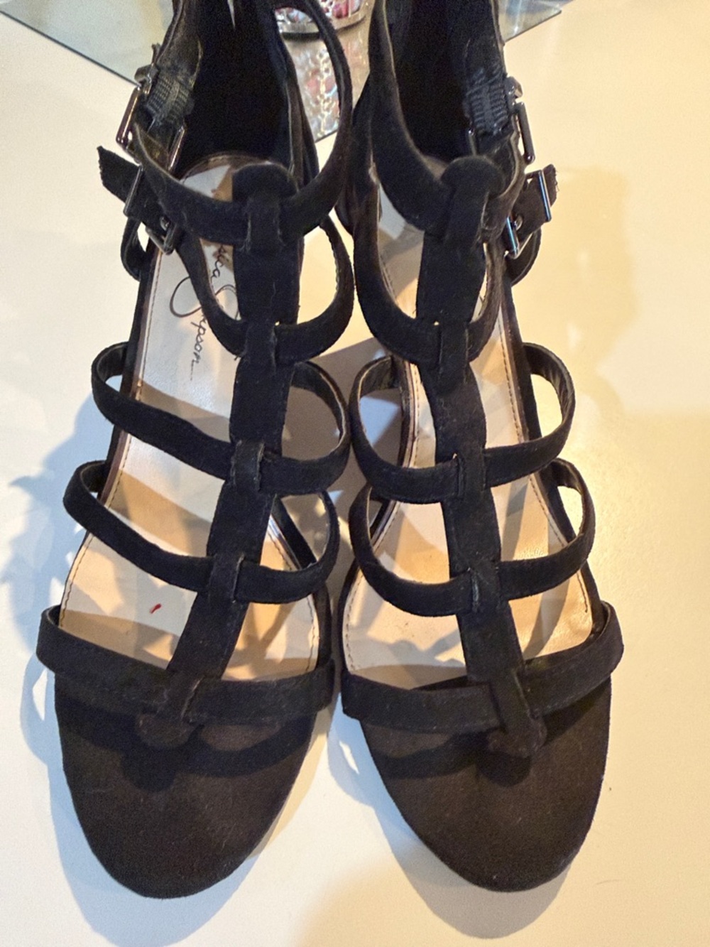 Jessica Simpson Black Strappy Suede T-Strap Heels